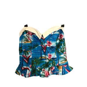 Collectif Top Womens 14 Ursula Flamingo Island Strapless Peplum Blue Retro NWT